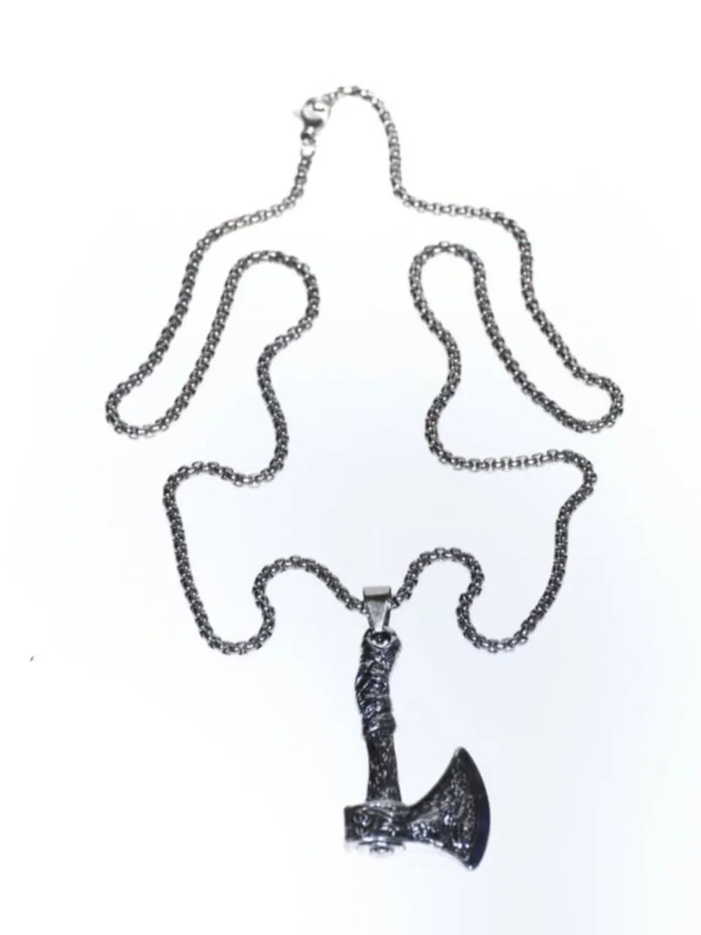 Men's Silver Tone Wolf Norse Axe Pendant Necklace Viking Biker Jewelry